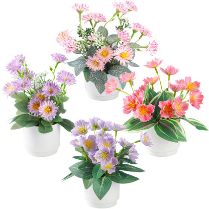 TerraVerve Boho Style 4-Piece Silk Flower Arrangement | Realistic Artificial Plants with Vase | Daisy & Lily Pots | No Maintenance Required