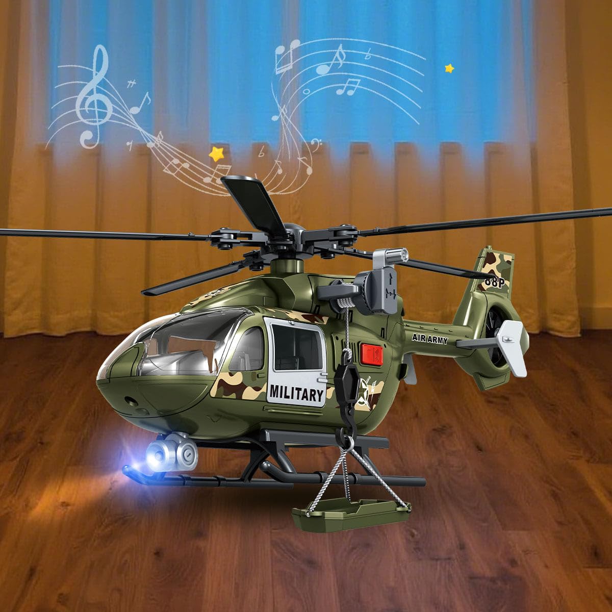 GreenToys Helicopter 15-in Military Airplane Toys for Kids with Hanging Basket Sounds and Lights for Boys Ages 3 4 5 6 7