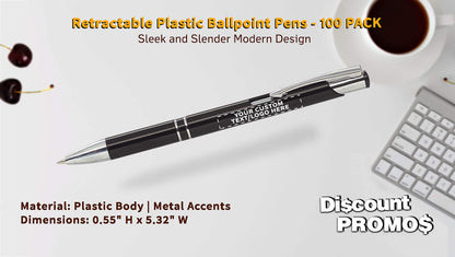 DISCOUNT PROMOS Personalized Retractable Plastic Ballpoint Pens - 100 pack - Plastic Pens - Customizable Text, Logo - Black
