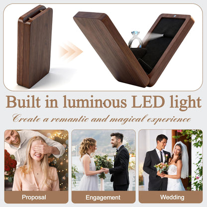 Yookin Wooden Engagement Ring Box For Proposal Valentine's Day Jewelry Gift Box Wood Rotating Wedding Day Ring Box With Led Light Gift Packaging(Black Walnut)