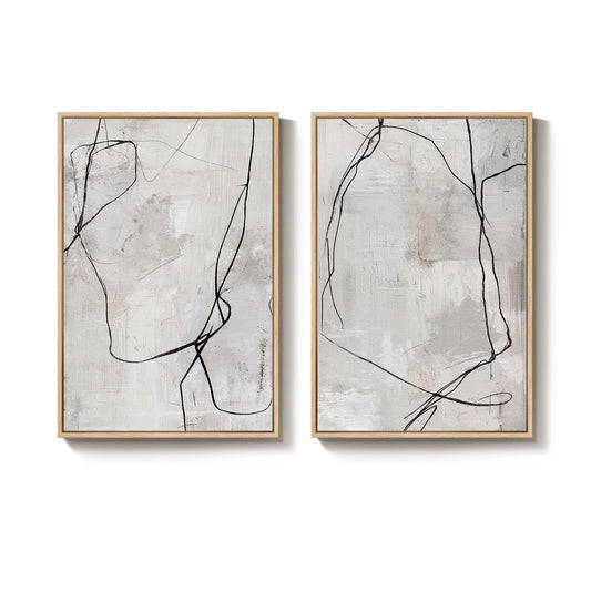 Large Framed Neutral Line Abstract Wall Art Set of 2 for Living Room, Minimalist Modern Black Canvas Artwork for Walls, Contemporary Abstract Painting Print Wall Decor for Bedroom Office, 24x36 Inch