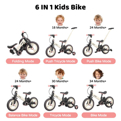 JMMD 6 in 1 Toddler Bike with Push Handle for Kids 18-60 Months, 12" Foldable Balance Bike with Training Wheels, Pedals, Brakes, Kickstand, Push Tricycle Toddler Gift & Toys for Boy & Girl