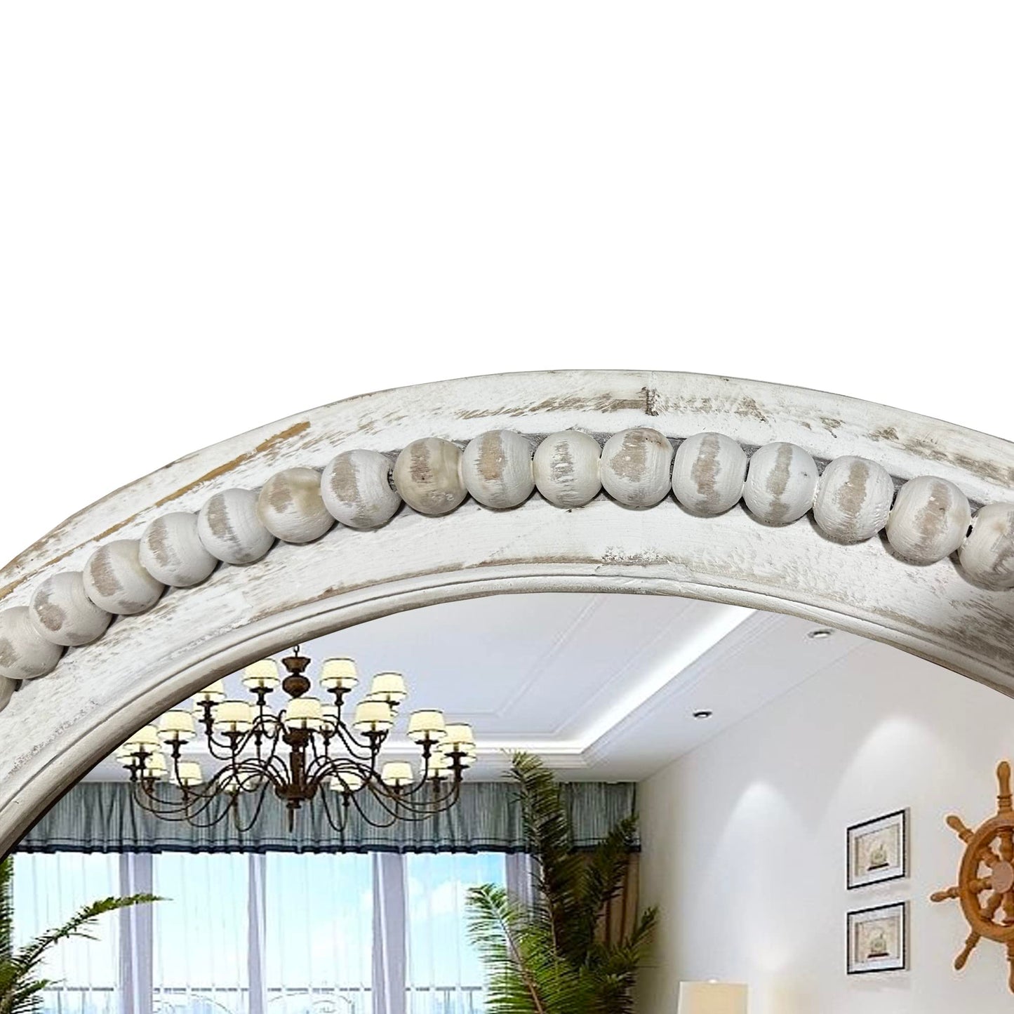 dwellington Rustic Round Wall 24 Inch Wood Circle Mirror with Beads, Decorative Farmhouse Mirror for Living Room, Bedroom, Kitchen, Entryway (White)