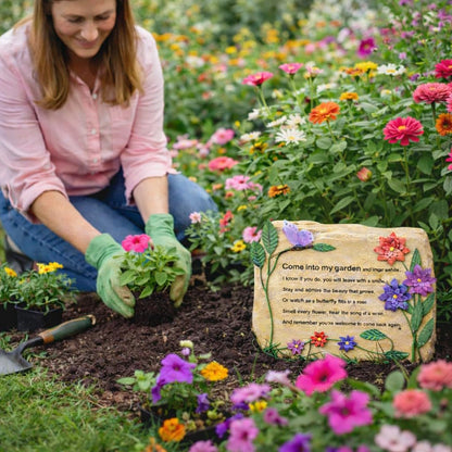 BANBERRY DESIGNS Garden Décor Decorative Rock – “Come Into My Garden” Engraved Stone with Butterfly & Floral Design – Outdoor Garden Decoration, Memorial Garden Accent, Yard Art – 9.5" x 8.5"