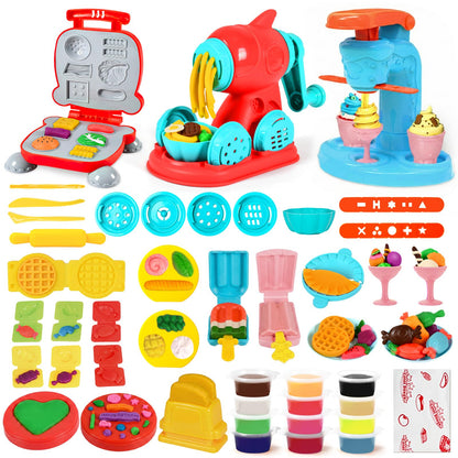 SOCBTNSO 3 in 1 Dough Sets 59 PCS for Kids Ages 4-8, Dough Tools Kit with Ice Cream Noodle Hamburger Maker Machine, Kitchen Creations Art Crafts Food Play Toys for Boys Girls Kids Toddlers Ages 3+