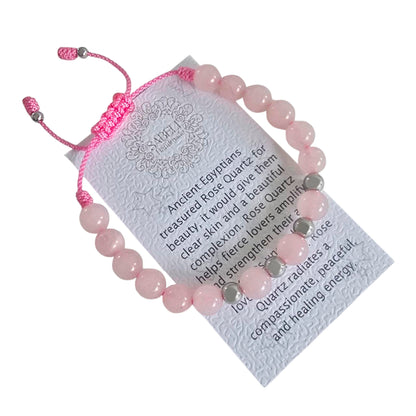 Sabeli Handmade Bracelets Real Natural Stones Healing Protection Focus 8mm Bead Adjustable Macrame Women Men Gemstone Gift (Rose Quartz)