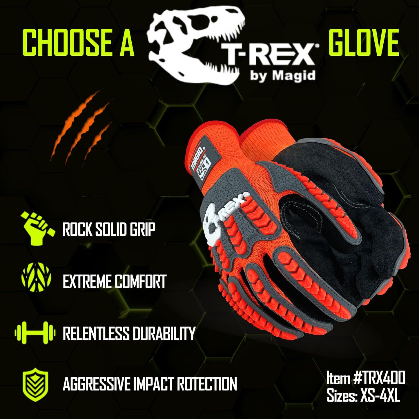 MAGID T-REX Flex Series Sandy Nitrile Coated Knit Impact Gloves, 1 Pair, 9/Large, TRX400