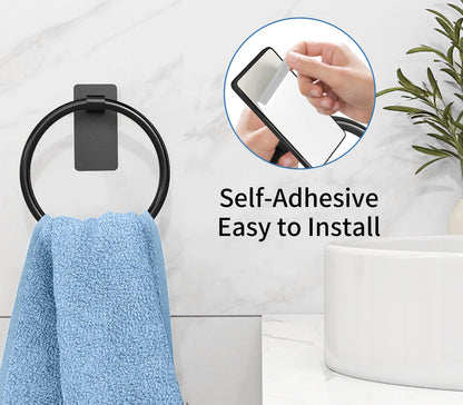 STWWO Adhesive Towel Ring, Hand Towel Holder for Bathroom, Adhesive Round Towel Ring for Bath RV, Black