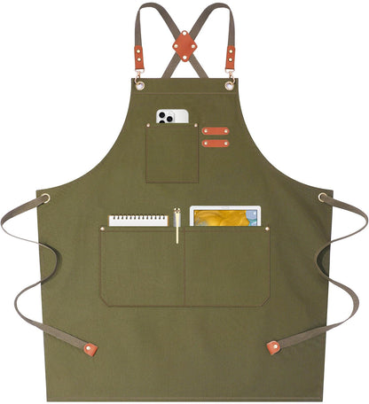 AFUN Chef Aprons for Women Men with Oversized Pockets, 12-Ounce Cotton Canvas Cross Back Water Repellent Apron (Grey Green)