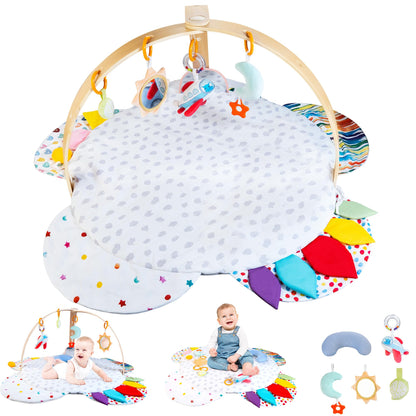 Wooden Baby Activity Gym with Detachable Sensory Toys | Montessori Developmental Play Gym for Infants | Wooden Frame Baby Toy | Foldable Baby Gym