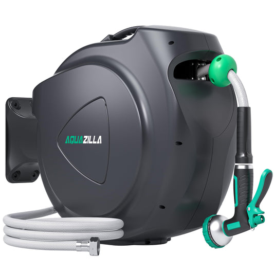 Retractable Garden Hose Reel, 65FT +6FT 5/8" Durable Wall Mounted Water Hose Reel with 180° Swivel Bracket, 9 Pattern Sprayer, 6Ft leader hose,Smooth Automatic Rewind, Any Length Lock.
