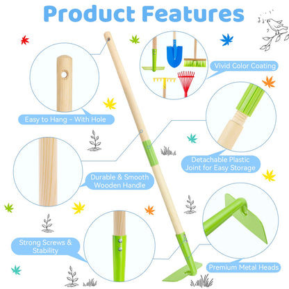 Theefun Kids Garden Tool Set: Safe Toddler Size Hoe, Rake, Shovel, Leaf Rake, Broom 5-Piece Kids Gardening Tools with Wooden Handle and Metal Head for Child Christmas Outdoor Toys Gift for Boys Girls