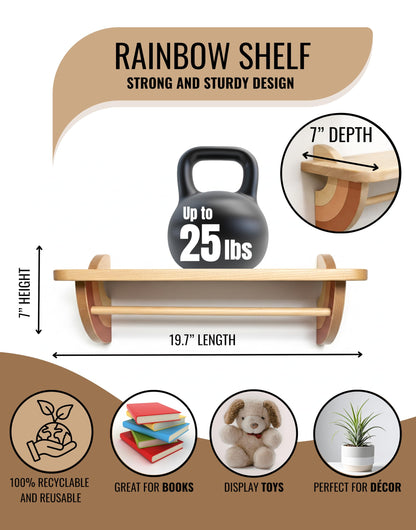 KitzeyBee Nursery Book Shelves Set of 2 - Solid Beech Wood Rainbow Floating Bookshelf for Kids Wall, Wall Mounted Toddler Bookshelf with Hanging Bar for Baby Room Decor, Holds 25 lbs (Pastel, 19.7in)