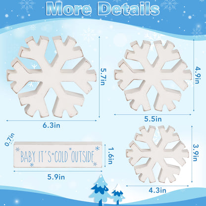 4 PCS Winter Wooden Snowflakes Decor - Christmas Snowflake Signs - Christmas Fireplace Decoration for Party - Tabletop Fireplace Decors Indoor