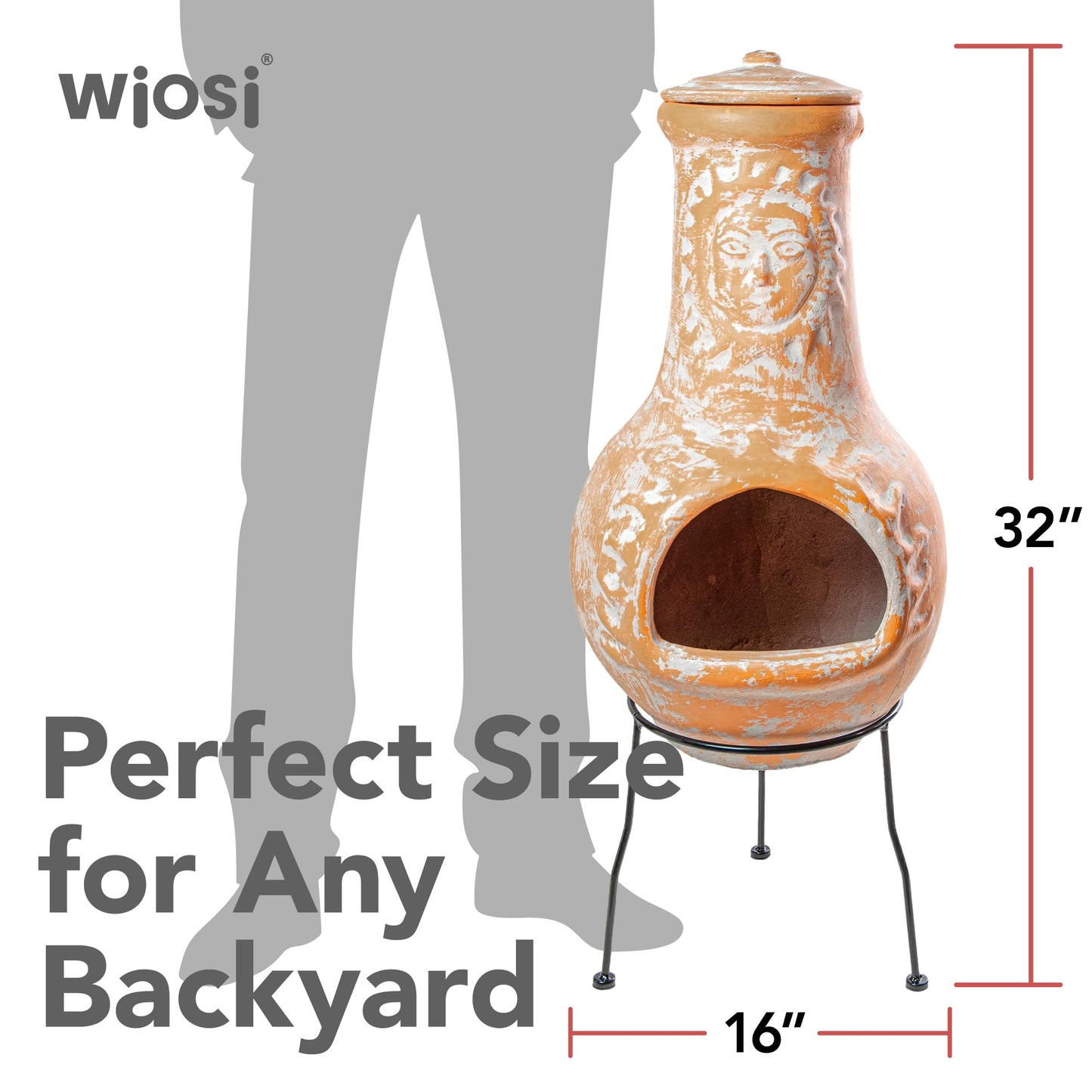 Wiosi Medium 𝗖𝗵𝗶𝗺𝗶𝗻𝗲𝗮 Outdoor Fireplace for Patio Clay Chimineas with Chimney Rain Lids and Solid Metal Stands - Yellow Terracotta Chimenea - Rustic Wooden Fire Pit Chimnea 16 x 16 x 32-inch