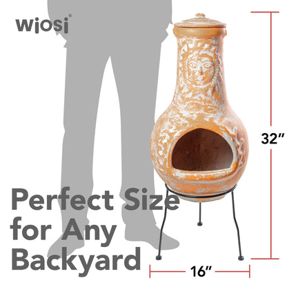 Wiosi Medium 𝗖𝗵𝗶𝗺𝗶𝗻𝗲𝗮 Outdoor Fireplace for Patio Clay Chimineas with Chimney Rain Lids and Solid Metal Stands - Yellow Terracotta Chimenea - Rustic Wooden Fire Pit Chimnea 16 x 16 x 32-inch