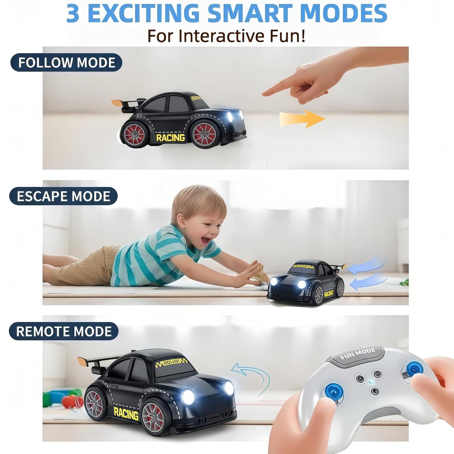 PanniOhye 3-in-1 Smart RC Car with Follow & Escape Modes, 360° Stunt Drift, Voice/Light Effects, and Pet Play Mode, 4WD Remote Control Car Toy for Kids and Cat Dogs (White)
