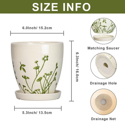 MPotTo 6 Inch Plant Pot - Ceramic Pots for Plants with Drainage Hole and Saucer, Ceramic Succulent Pots for Indoor Outdoor, Decorative Boho Planter, Housewarming Gifts, Garden Room Home Decor, White