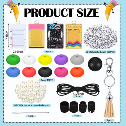 Gueevin 4 Sets/279 Pcs DIY Name Teacher ID Badge Holder with Lanyard Keychain Making Kit DIY Teachers Appreciation Gifts Cute Silicone Bead Lanyards Making for Teacher Office Graduation Supply Gifts