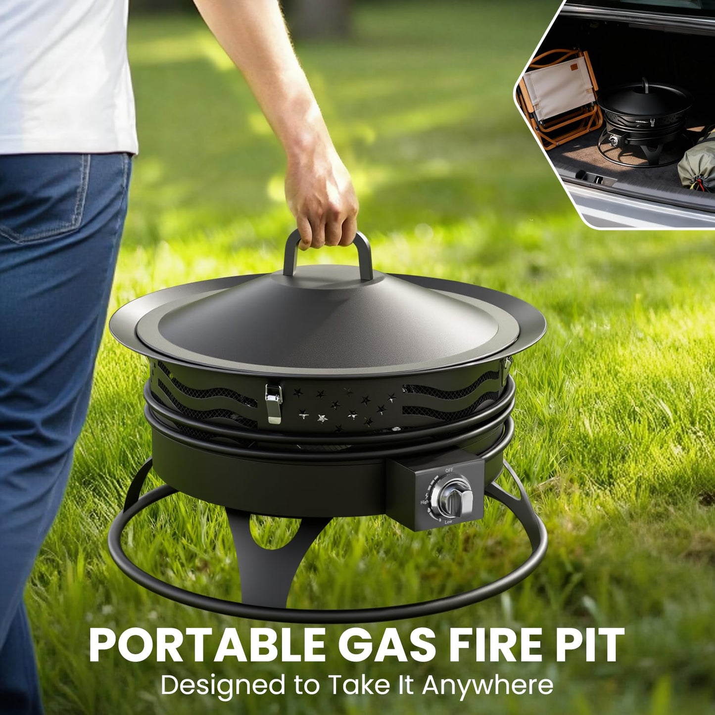 24 Inch Propane Fire Pit, Portable Gas Fire Pit Bowl for Outside, 60,000 BTU Smokeless Outdoor Firepit with Lid & Grill Grate for Patio, Yard, Gardenn, Camping