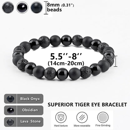 SAMXY Mens Bracelets Beads-8MM Black Onyx Obsidian Lava Stone Beads-3Pcs Handmade Natural Stone Crystal Healing Bracelet-Triple Protection Bracelet for Men Women Gifts