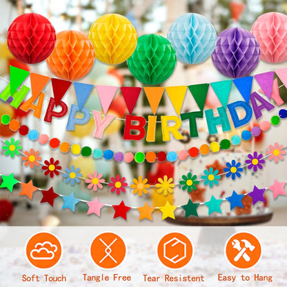 Pre-Strung 3D Happy Birthday Banner, 6 PCS Felt Reusable Birthday Decorations Set with Letter Banner, Pom Pom, Star, Sunflower Garland, Triangle Flag and Honeycomb Balls, Rainbow Decor Sign Photo Prop