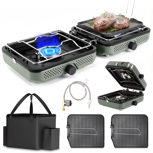 Hisencn Camping Stove,2 Burner Propane Camping Stove,Dual Griddles,30,000 BTU Portable Propane Stove with Carry Bag,Outdoor Cooking Stove set for Camping Gear,RV Essentials,Camp Gifts for Man,Green