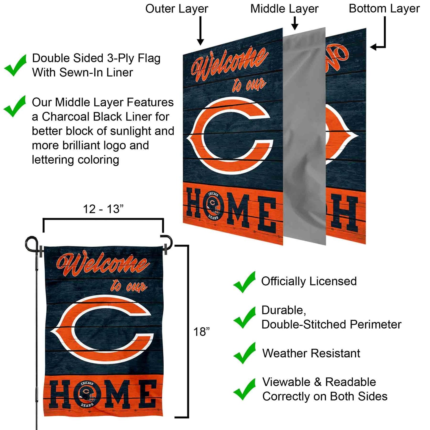Chicago Bears Welcome Home Decorative Garden Flag Double Sided Banner
