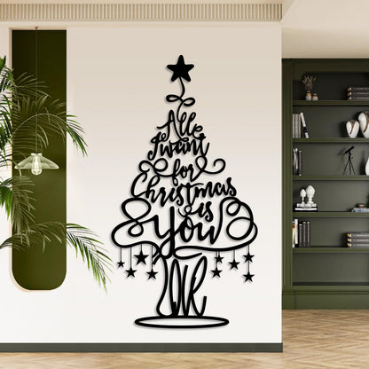 Merry Christmas Tree Metal Wall Decor, Christmas Tree Metal Wall Art for Ling Room, Bedroom, Office (Black,59" x 31" / 150 x 80 cm)