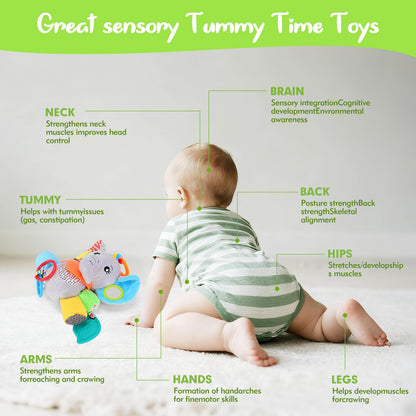 CaftyMids Baby Toys 0-6-12 Months: Elephant with Detachable Touch-Sensitive Sound Box (30 Sounds), Removable Bib, Teether, Rattle, BB Squeaker, Mirror | Attaches to Strollers, Car Seats, Carriers