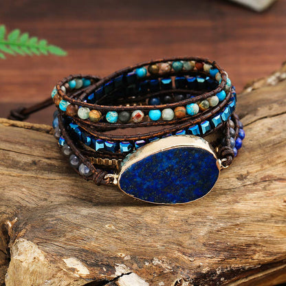 Plumiss Boho Bracelets Handmade Lapis Lazuli Stone Beaded Leather 5 Wrap Bracelet for Women Men Gift
