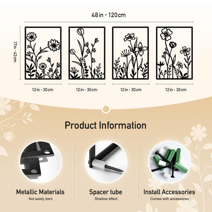 Sokurdeg Black Metal Flowers Wall Decor, Minimalist Floral Wall Hanging Art, Black Abstract Line Wall Art Sculptures for Bedroom Bathroom Living Room (4 Pcs, 12 x 17 in)