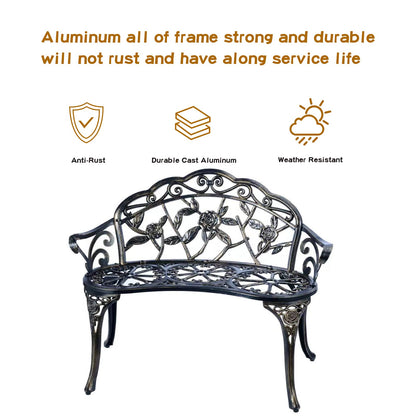 YKSY&YKSY Patio Garden Bench Metal Park Bench Cast Aluminum Outdoor Furniture with Floral Rose for Patio,Park,Lawn,Yard (Copper)