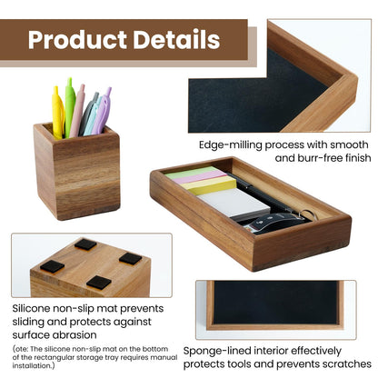 XHWUDI Wooden Pencil Holder with Desk Drawer Organizer Tray, Silicone Anti-Slip Pen Holder Set Aesthetic Desk Accessories for Office Home Supplies