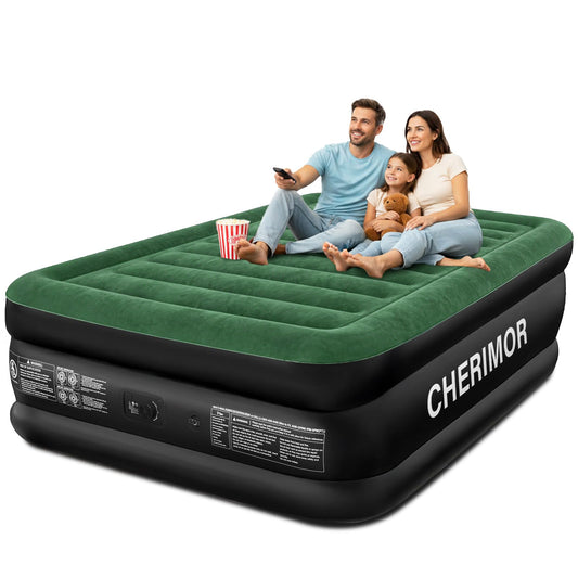 CHERIMOR Queen Air Mattress with Built-in Pump, 18" Raised Comfort, 800lbs Heavy-Duty Support, Anti-Sag Horizontal Beam, Leak-Resistant Design, 3-Min Fast Inflation Blow Up Bed for Guests & Camping