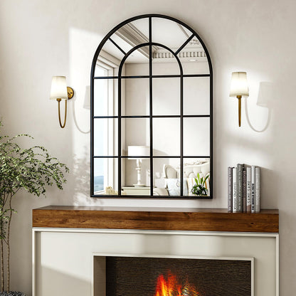 Riskioir 30"×40" Windowpane Arched Wall Mirror, Grid-Designed Decorative Farmhouse Wall Mounted Mirror with Metal Frame Hanging Leaning for Entryway, Living Room, Home Decor, Black
