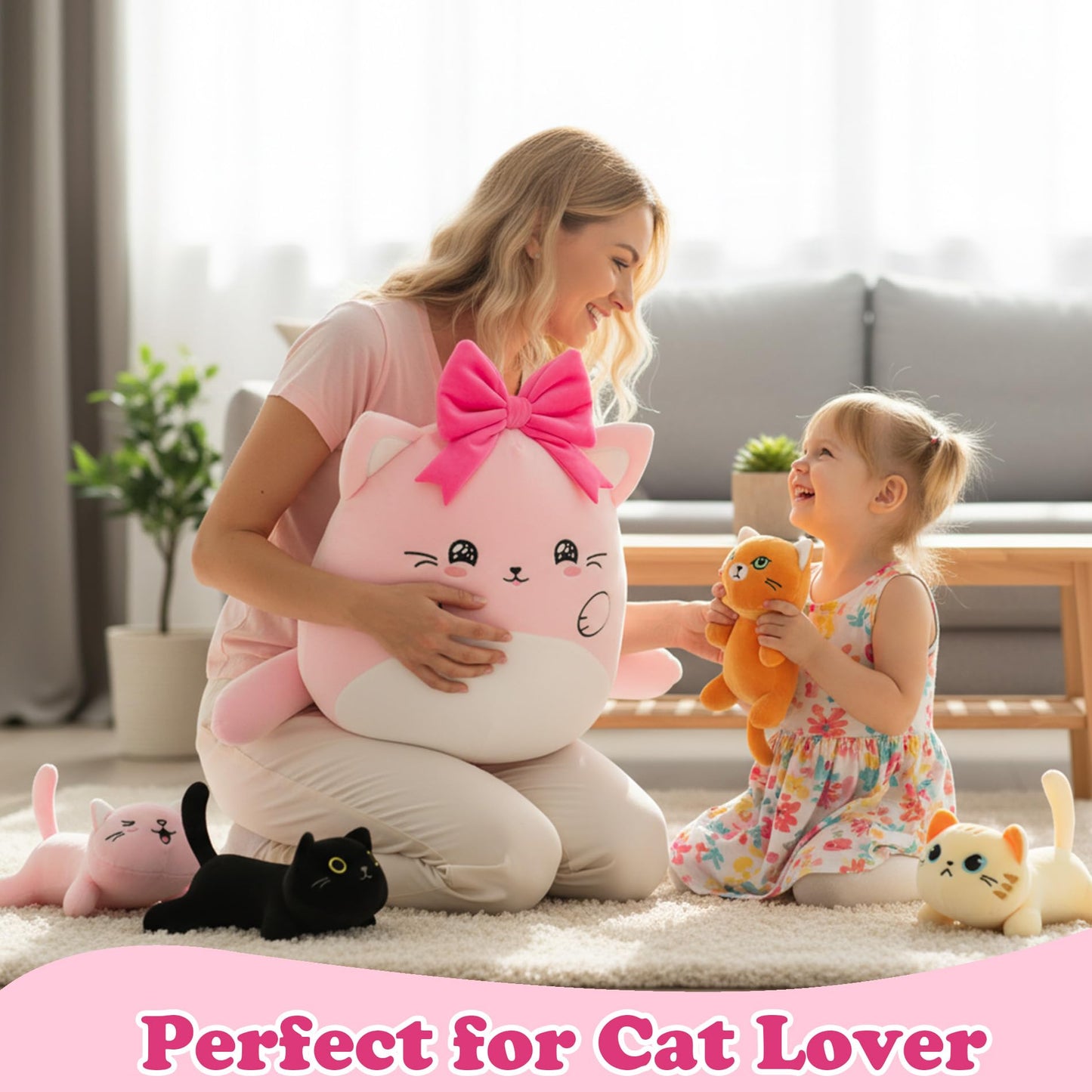 Cat with 5 babies Stuffed Animals - 15 Inch Cats Mommy with Small Babies Plush Inside 6-Piece Cute Realistic Cat Plushies Machine Wash Interactive Adopt Toy Toddler Girls Boys 0-8 Kids Birthdays Gift