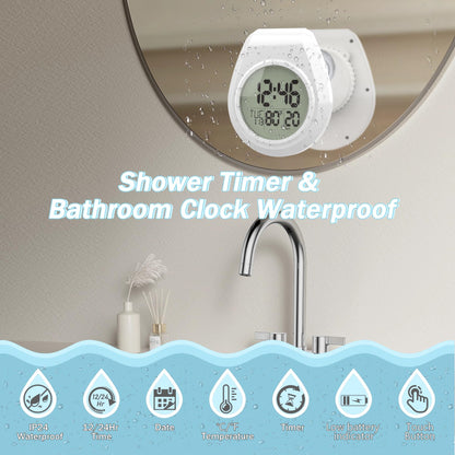 Yariaii Shower Clock with Timer Waterproof, Digital Bathroom Clock with Countdown, Temperature, Date, Week, Second, Suction Cup, Wall Hanging, for Mirror, Pool, Bath, Kitchen, Battery Operated, White
