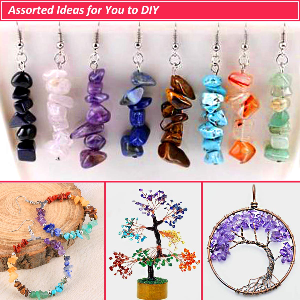 Natural Stone Chip Beads - 1200PCS Mixed Color Healing Crystal Rock Beads - 20 Colors - Hole Drilled for DIY Art Crafts (20 Colors - 1200PCS)