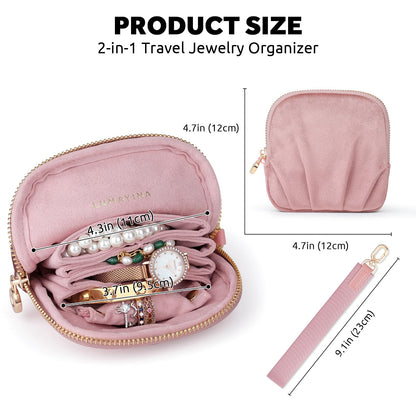 Lumayina Velvet Travel Jewelry Pouch, 2-in-1 Clamshell Case with Detachable Insert, Portable Travel Jewelry Organizer with Wrist Strap, Converts to Mini Coin Purse, Gift for Women & Girls (Dusty Pink)