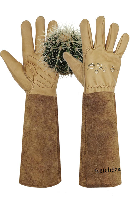 Freicheza Long Gardening Gloves for Women/Men-Thorn Proof Rose Pruning Gloves, Water Repellent Leather work Gauntlet Light Brown X-Large