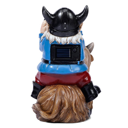 Joint Honglin Garden Gnome Statues Resin Gnome Sitting on Highland Cow Solar LED Lights Outdoor Telescope Gnome Decorations