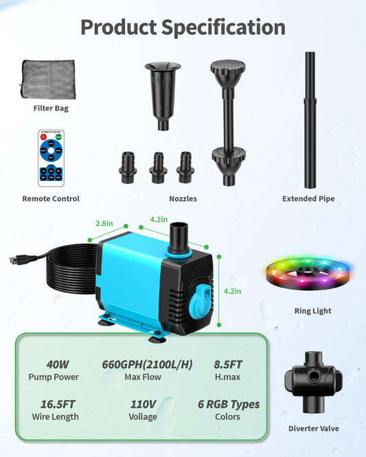 POPOSOAP Pond Fountain with LED Lights, 660GPH Submersible Pump RGB Pond Filter System with Adjustable Height & Water Flow for Garden Pond Fish Tank Day & Night Pond Decoration -P1104D