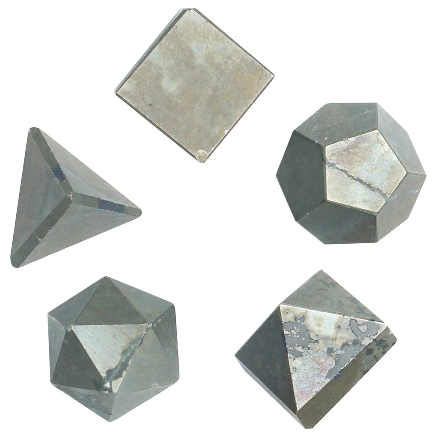 Crocon® Golden Pyrite 5pcs Platonic Solids Crystal Geometry Set Platonic Solids Sacred Geometric Stones for Meditation Reiki Balancing Healing Chakra Stone Cleansing Spiritual Good Luck 15-20 mm