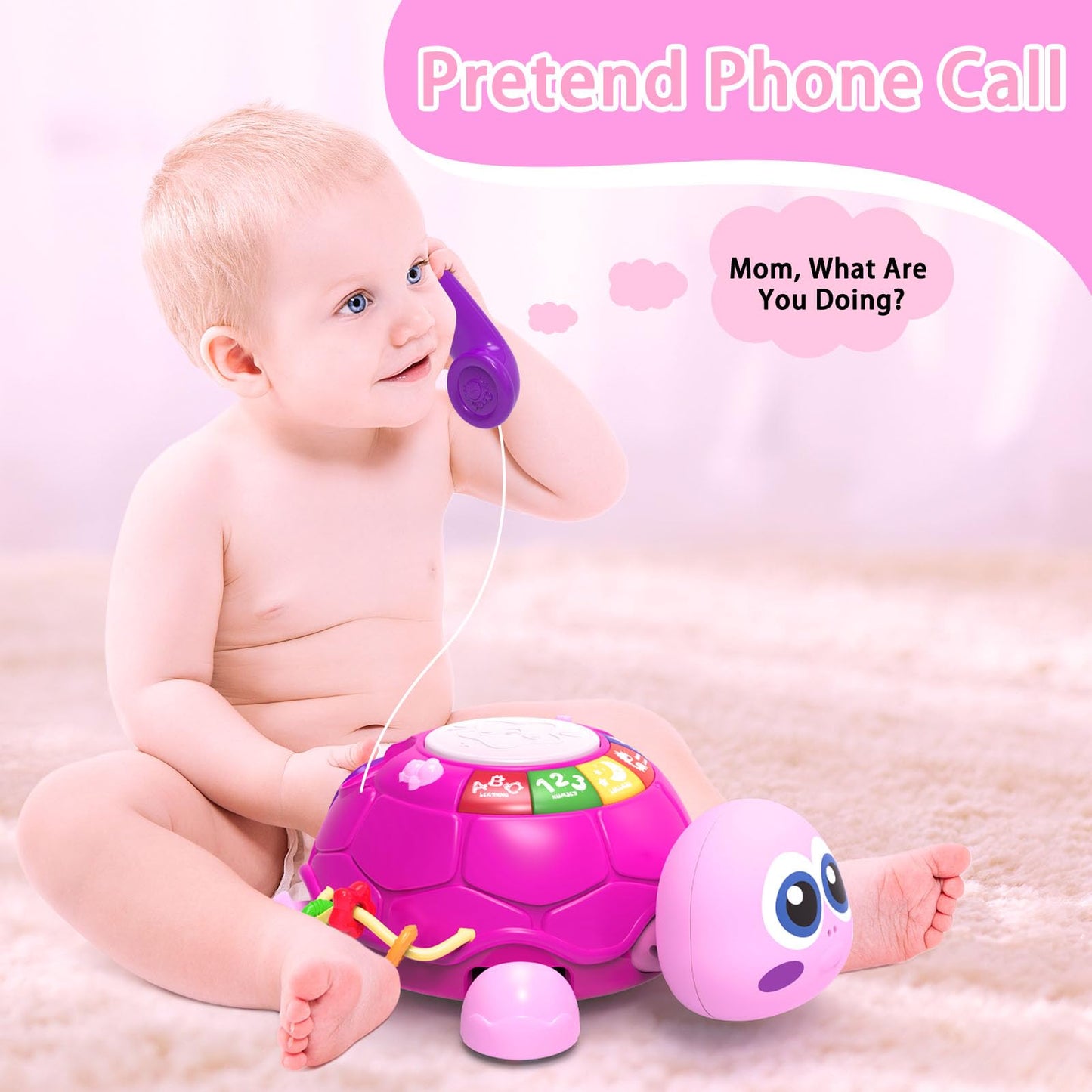 Ussybaby Musical Turtle Baby Toys 6 to 12 Month,Infant Light-up Musical Tummy Time Toy with Phone,Baby Crawling Toys for 7 8 9 12 Months Old,Easter Birthday Girl Gift for 3 4 5 Month+(Pink)