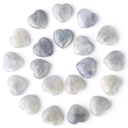 YATOJUZI 20PCS Heart Stone Labradorite Natural Healing Crystals Moonstone Love Crystal Heart Bulk Wholesale Polished Stones Cute Pocket Gemstones Reiki Energy Gifts for Women