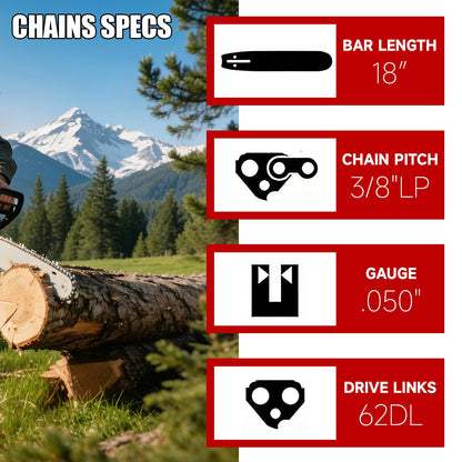 5 Pack 18 Inch Chainsaw Chain 3/8" LP Pitch .050" Gauge 62 Drive Links Fits Poulan, Kobalt, Echo, Ego, Greenworks and More