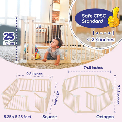 CONKKA Foldable Wooden Baby Playpen Large Play Yard for Babies, 2-in-1 New Mom Helper Portable Fence, 25" Tall Custom Wood Gate with Adjustable Size & Shape for Infants 3-18 Months -63x63x25 inch