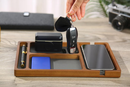 Shinpuru Wooden Valet Tray for Men, Nightstand Organizer with Leather Inlay, EDC Essentials Catchall Tray for Keys, Phone, Wallet, Watch, Earbuds - Bedside Desk Entryway Tray (Wood-Pen)