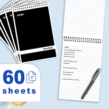 SUNEE 12 Pack Steno Pads 6x9, Gregg Rule, 60 Sheets, Spiral Notebook 6x9, White Paper, Take Notes with Top Spiral Notebook, for School, University, College, Work, Office, Black